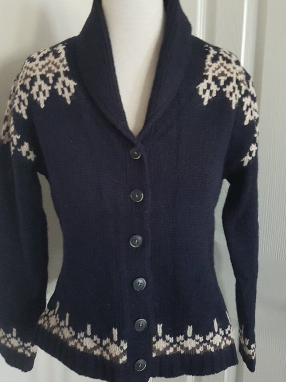 JACOB 100% Wool Woman Cardigan Sweater Black/white Fair Isle patterns Size S